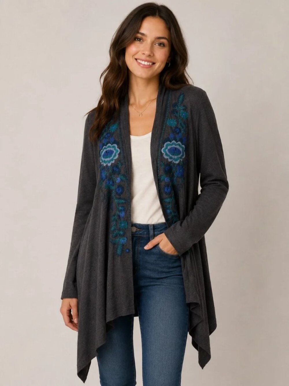 Johnny Was Embroidered Duster Cardigan Grey Extra Small